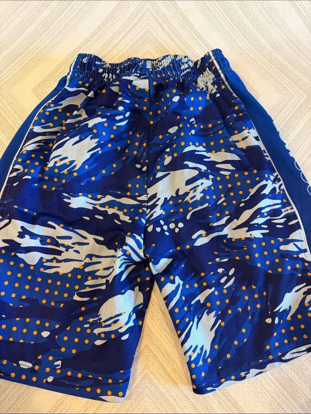Flow Society Boys Medium Blue Athletic Shorts White Design & Orange Polka Dots
